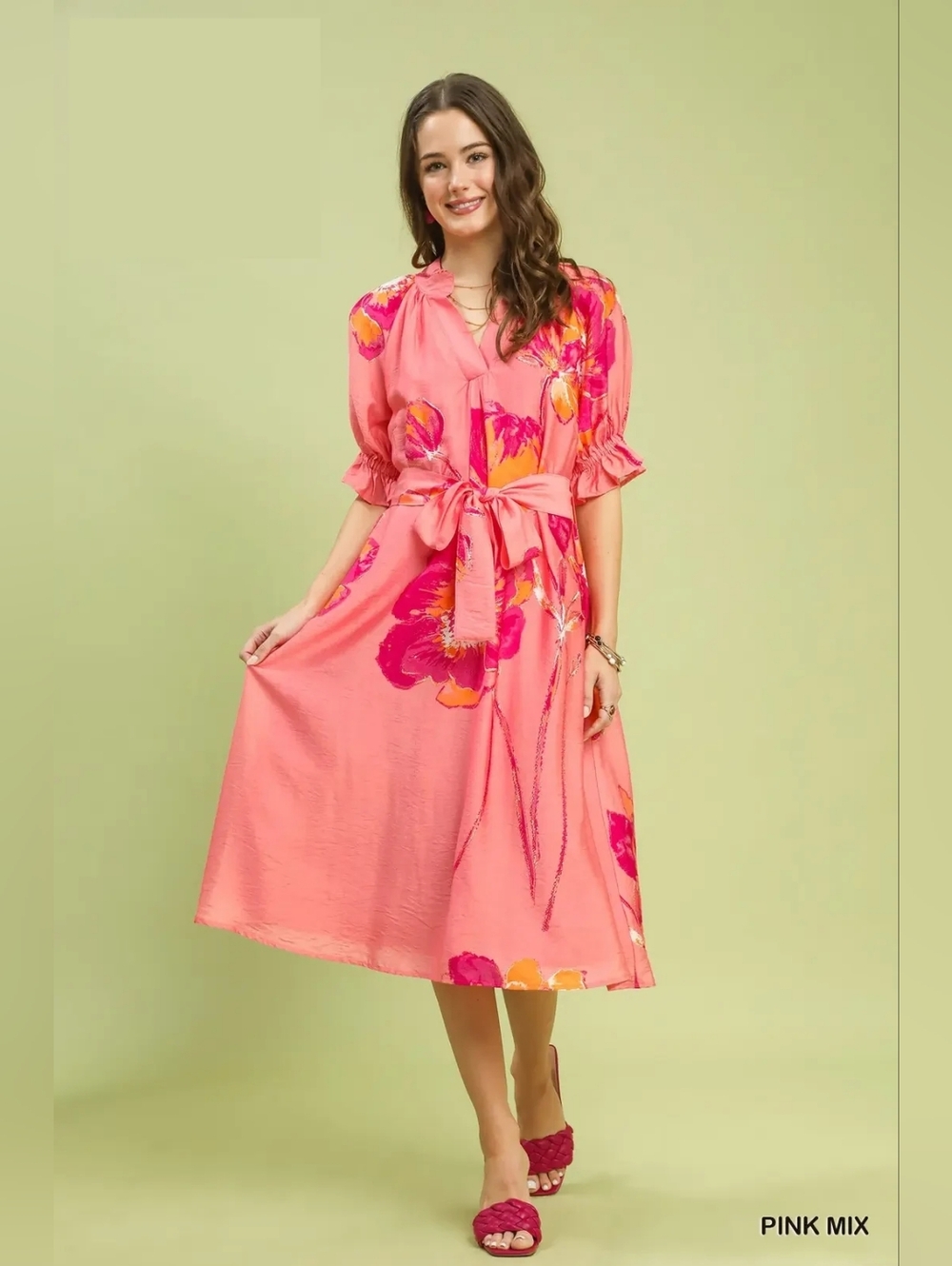 New Arrival!! Umgee Floral Flounce Sleeve Midi Dress with Belted - Picture 3 of 9